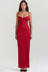 Seidiges Satin-Maxikleid mit Herzausschnitt und Spaghettiträgern und geteiltem Korsett - Rot